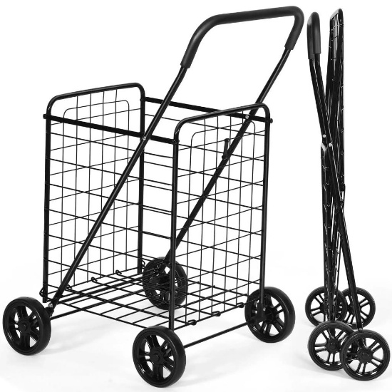 Costway - Folding Shopping Cart Utility Trolley Portable For Grocery Laundry Travel - Black
