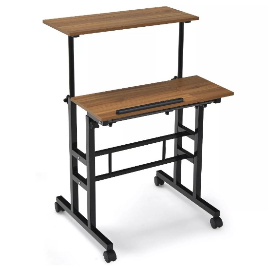 Costway Mobile Stand up Desk Tilting Workstation Adjustable Computer Desk - Walnut