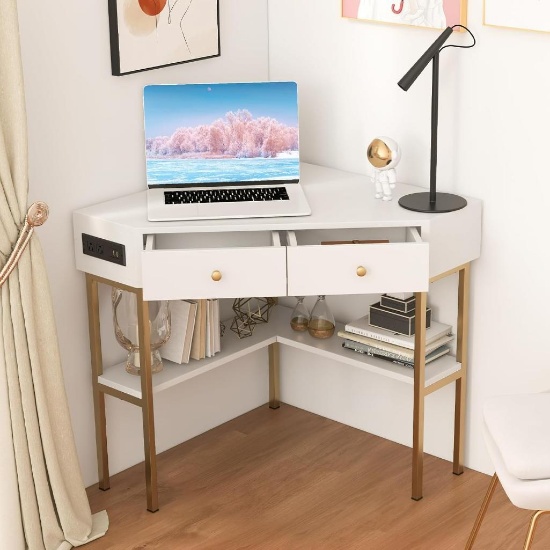 IFANNY Corner Desk with Power Outlet - White