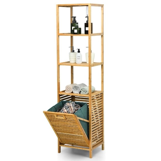Bamboo Tower Hamper Organizer with 3-Tier Storage Shelves-Natural - 16" x 13" x 63" (L x W x H)