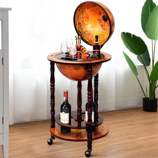 Costway 17.5'' Wood Globe Wine Bar Stand Italian Rack Liquor Bottle Shelf
