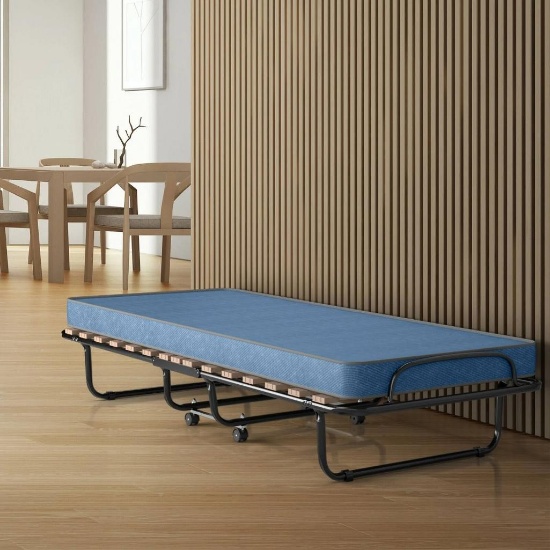Costway Sturdy Metal Frame & Foam Mattress Rollaway Guest Folding Bed - blue