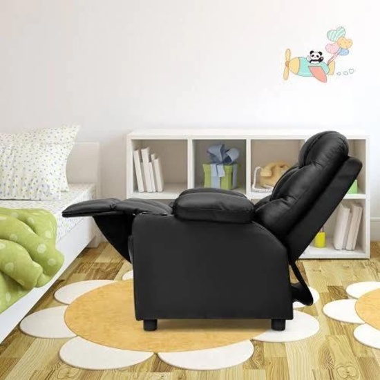 Costway Kids Youth Recliner Chair PU Leather w/Cup Holders & Side Pockets - black