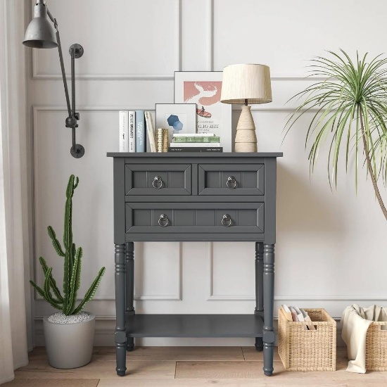 Costway Narrow Console Table with 3 Storage Drawer & Open Bottom Shelf - Grey