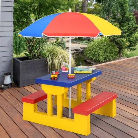Costway Kids Picnic Folding Table and Bench Set with Umbrella