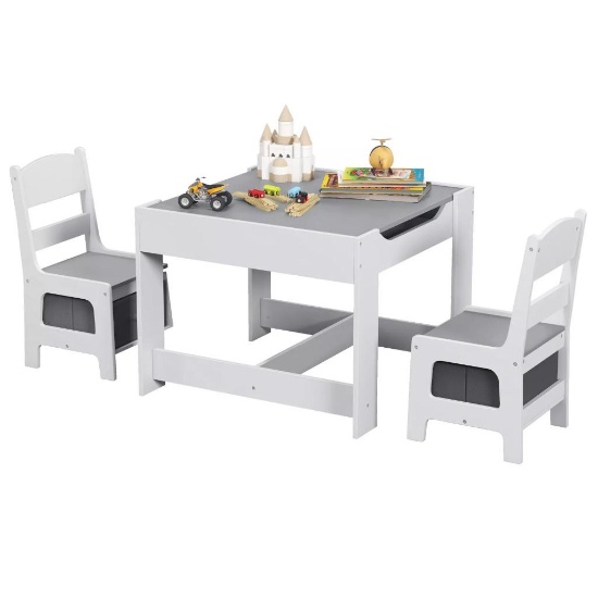 3-in-1 Wood Kid Activity Table Chair Set w/ Blackboard Drawer - Grey