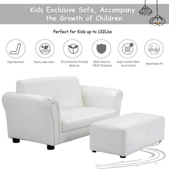 Costway Kids Sofa Armrest Lounge Couch w/ Ottoman - White