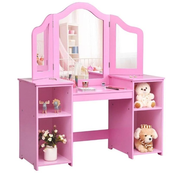 Costway Vanity Table Set Makeup Dressing, Girls Study Table Tri Folding Mirror - pink