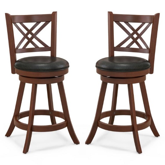360 Swivel Upholstered Barstools Set of 2 with Back and Footrest - brown
