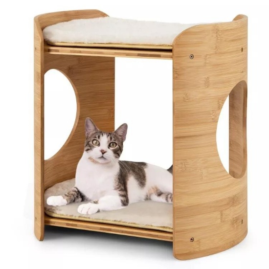 2-Tier Small Cat Condo w/ Natural Bamboo Frame (CATS NOT INCLUDED)