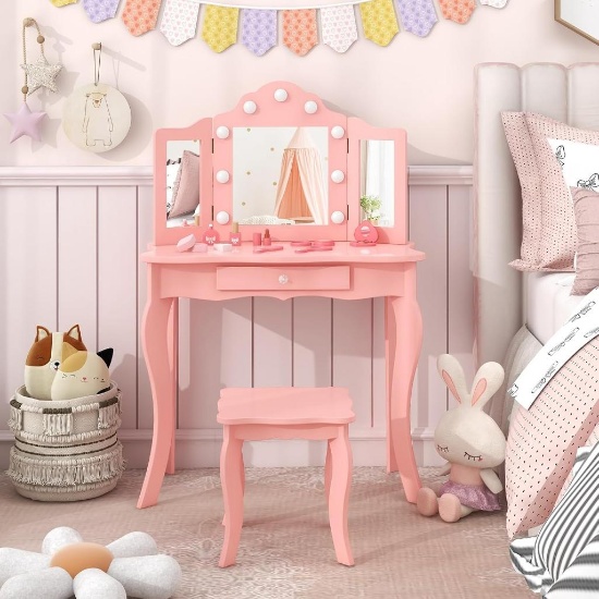 KOTEK Kids Vanity Set with Tri-Fold Mirror & LED Lights - Pink