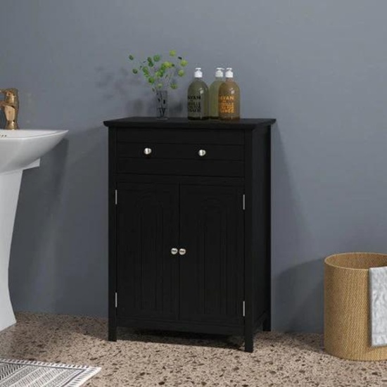 Costway 2-Door Black Freestanding Bathroom Cabinet with Drawer and Adjustable Shelf - black