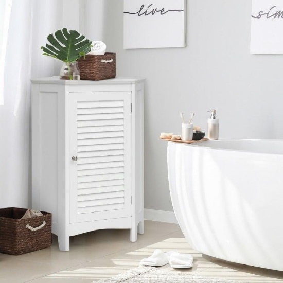 Corner Storage Cabinet Free Standing Bathroom Cabinet with Shutter Door - White