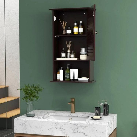 Costway Bathroom Wall Mount Storage Cabinet Single Door with Height Adjustable Shelf - brown
