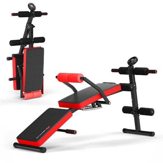 Costway Multi-Functional Foldable Weight Bench Adjustable Sit-up Board w/ Monitor - Red
