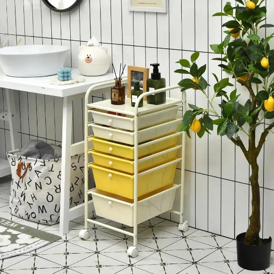 Costway - 6 Drawer Rolling Storage Cart Scrapbook Paper Office School Organizer - Beige + Yellow