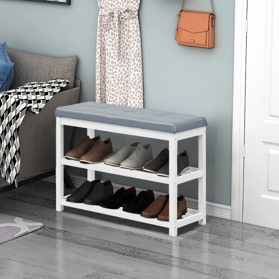 Costway 2-Tier Wooden Shoe Rack Bench with Padded Seat - White