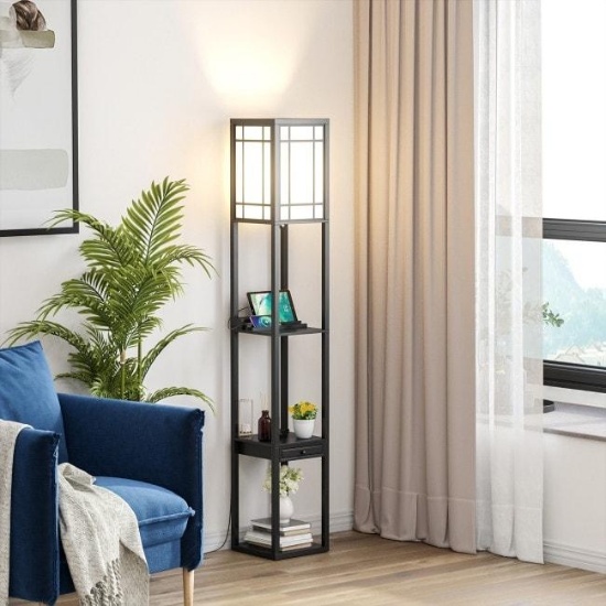Modern Floor Lamp with Shelves and Drawer - 10" x 10" x 63" (L x W x H)