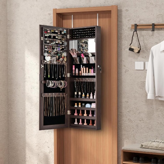 Jewelry Cabinet Wall/Door Mounted, Hanging Lockable Jewelry Storage with Full Length Mirror - brown