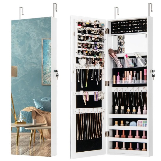 Jewelry Cabinet Wall or Door Mounted with Full Length Mirror - White