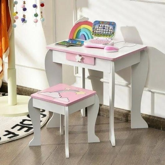 Costway Kids Vanity Makeup Dressing Table Chair Set Wooden - pink