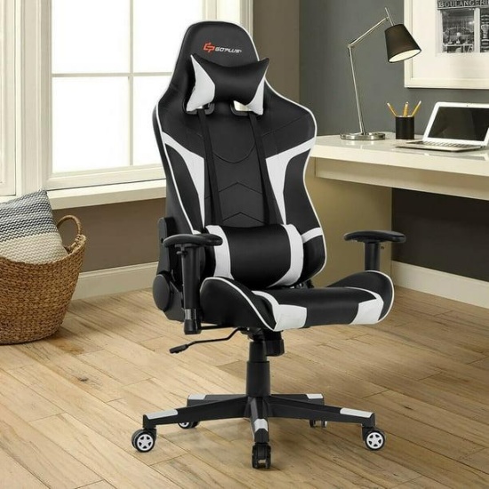 Massage Gaming & Reclining Swivel Office Chair w/ Lumbar Support -black&White
