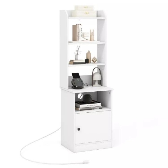 Bedside Side Tables Tall Nightstands 5 Open Shelves W/Cabinet & Charging Station - white