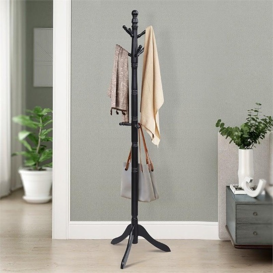 Costway Rubber Wood Adjustable Height Coat Rack with 9 Hooks in Black