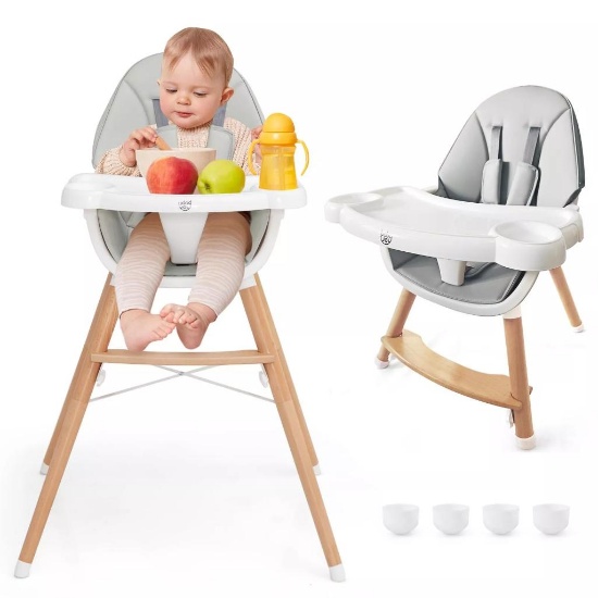 Wooden Feeding Chair Baby High Chair w/ 4-Gear Tray & Removable Cushion Grey