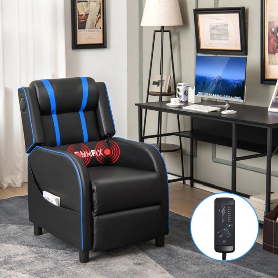 Costway PU Leather Massage Gaming Recliner Chair with Side Pockets - blue
