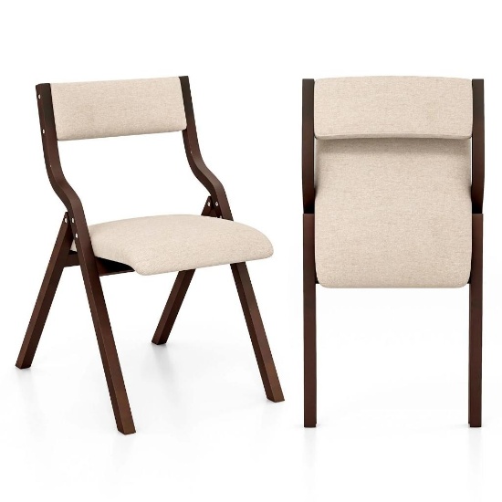 Costway Set of 2 Wooden Folding Dining Chair with Linen Fabric Padded Seat and Backrest