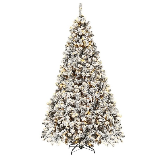 Costway 7.5-Feet Pre-lit Flocked White Artificial Christmas Tree with White LED Lights