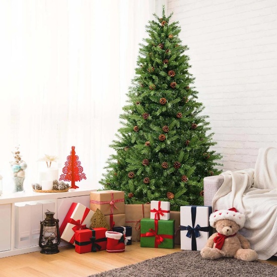Costway 6/7 FT Artificial Christmas Tree with Pine Cones and Adjustable
