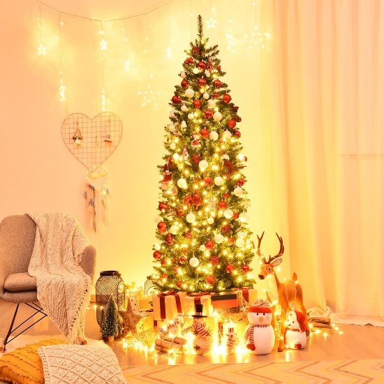 7Ft Pre-lit Artificial Pencil Christmas Tree w 350 LED Lights