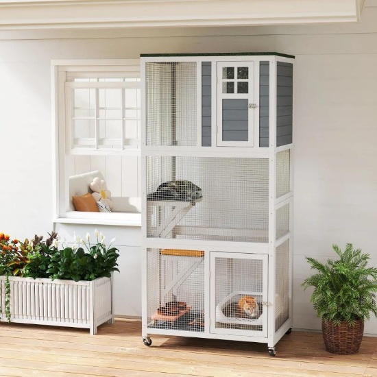 74" Wooden Catio Outdoor Cat House - Dark Gray & White