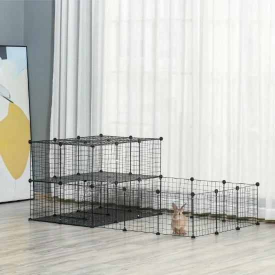 Pet Playpen with Door, Metal Mesh Cage with Mallet - Black