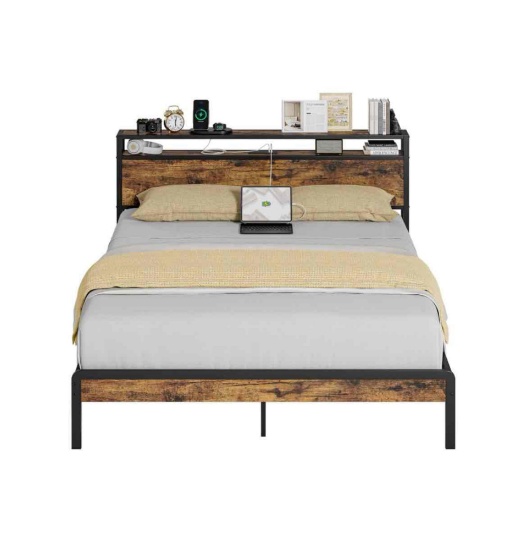 Bed Frame,Platform Bed with 2-Tier Storage Headboard and Power Outlets, USB Port