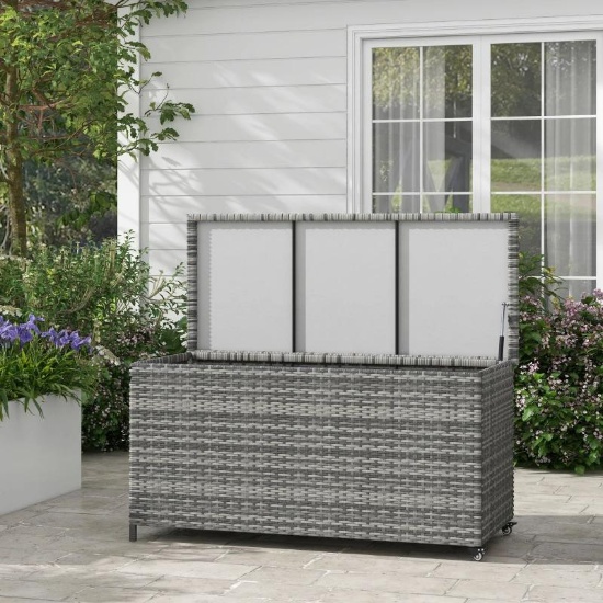 83 Gallon Deck Box, Large Outdoor Storage Chest, PE Wicker Trunk - Gray