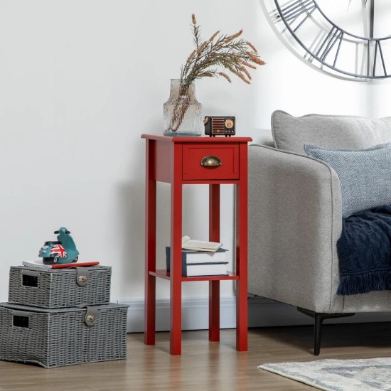 2-Tier Side Table with Drawer and Shelf, End Table - Red