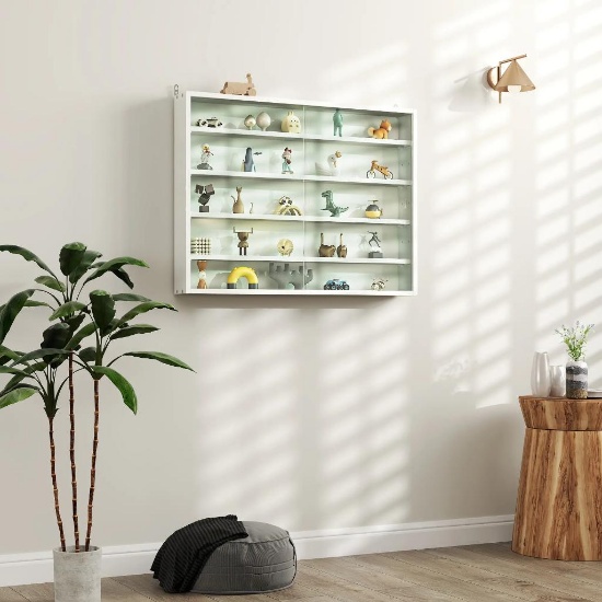 5-Tier Display Cabinet, Wall-Mounted Display Case with 2 Glass Doors and Adjustable Shelves, White