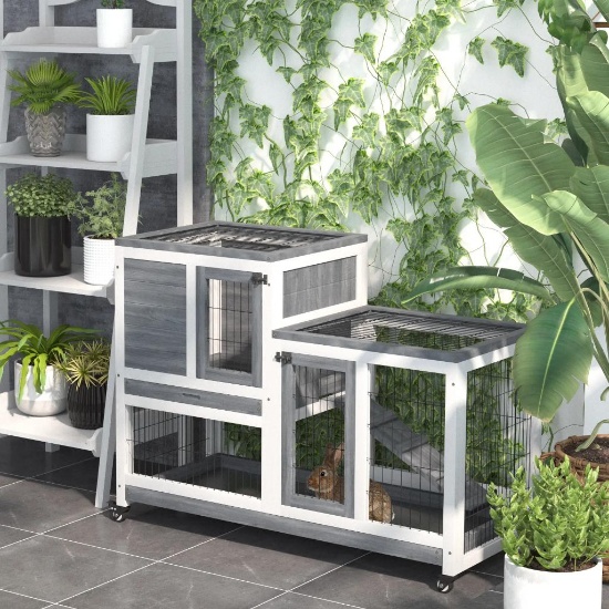 Small Animal Habitat with Enclosed Run with Wheels - Grey