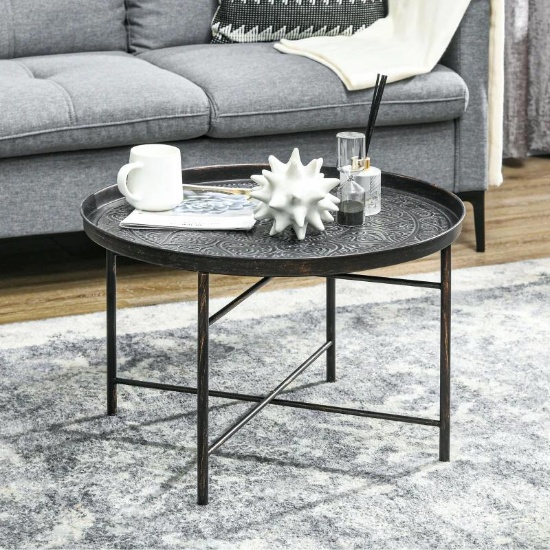 24" Round Center Table with Hammered Tray Top and Metal Frame, Pewter