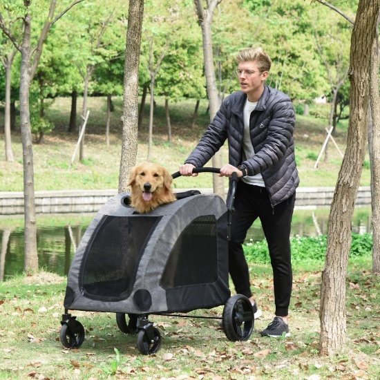 Foldable Dog Stroller with Storage Pocket for Medium Size Dogs - Grey