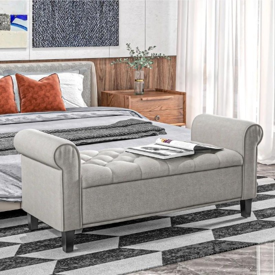 HOMCOM 50 Inches Storage Ottoman, End of Bed Bench with Rolled Arms, Wood Legs, Button Tufted Storag