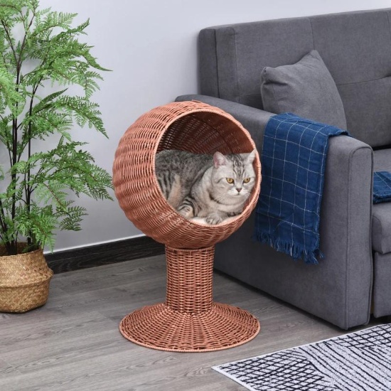 Elevated Cat Bed with Rotatable Egg Chair Pod Kitty House - Brown