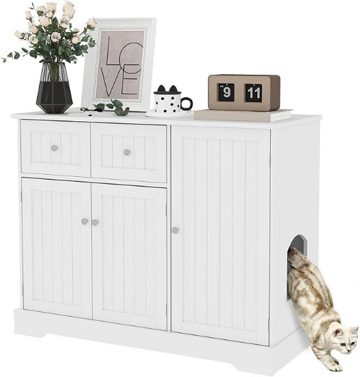 Enclosure, Hidden Litter Box Furniture with Drawers, Storage, Anti-tip Kit, Cat Washroom Cat House