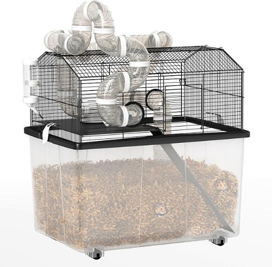 PawHut Large Hamster Cage with 12" Deep Tray, 2 Tier Gerbil Cage with Tube System, Water Bottle,