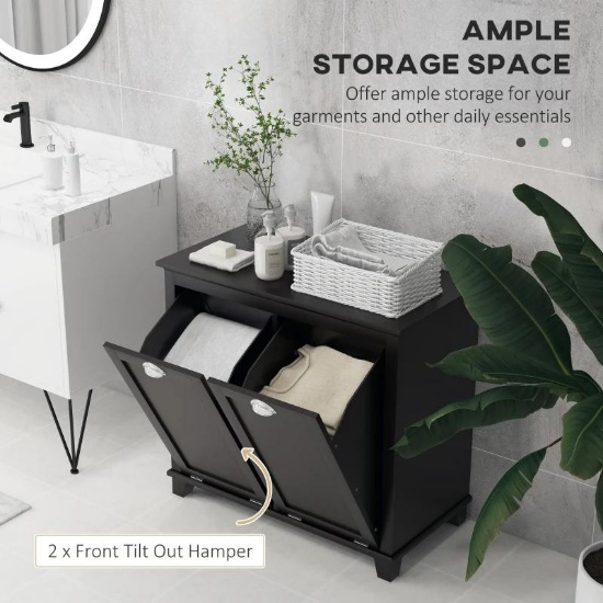 HOMCOM Bathroom Storage Cabinet, Tilt-Out Laundry Hamper with 2 Compartments, Black