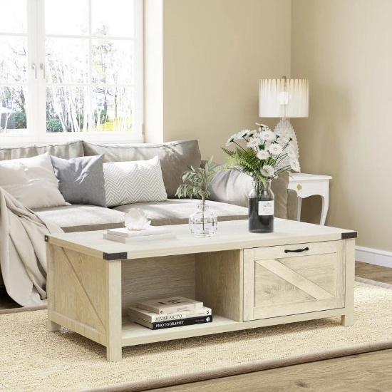 HOMCOM Farmhouse Coffee Table with Storage and Drawer, Rustic Coffee Table for Living Room