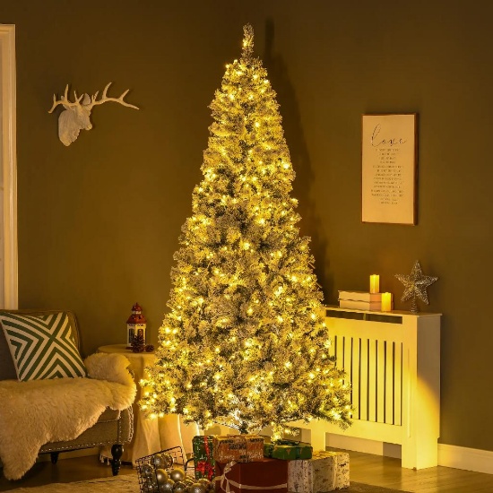 HOMCOM 7.5' Prelit Artificial Flocked Christmas Tree with Snow Frosted Branches